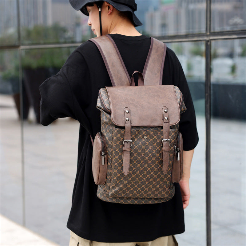 New Men's Leather Large Capacity Men & Women Trendy Plaid Backpack