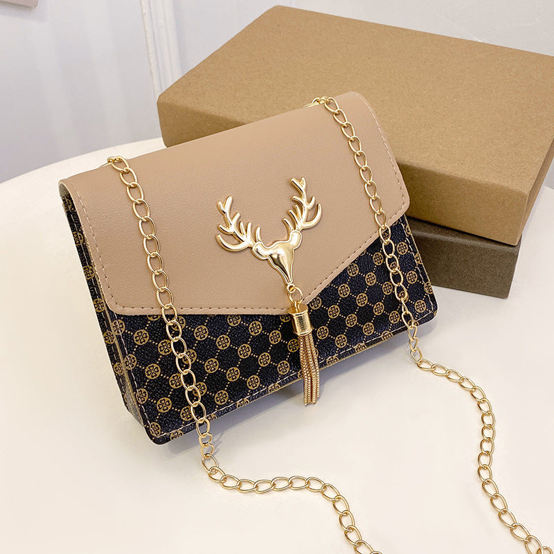 Tassel Deer Head Contrast Color Chain Small Square Leisure Phone Bag