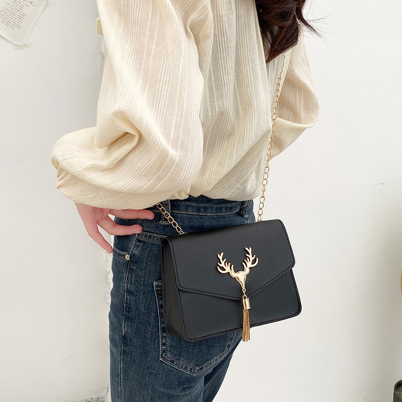 Tassel Deer Head Contrast Color Chain Small Square Leisure Phone Bag