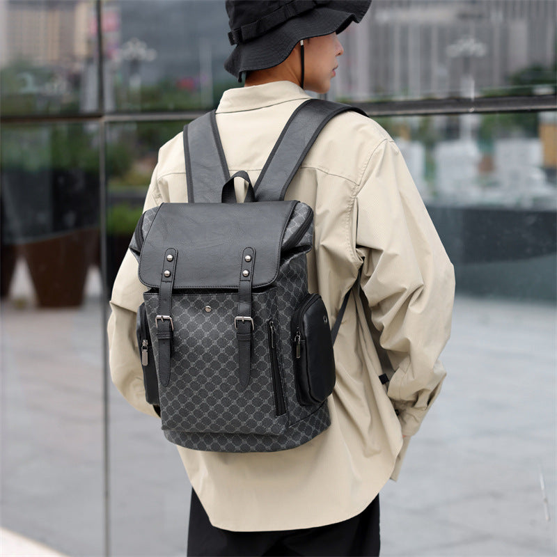 New Men's Leather Large Capacity Men & Women Trendy Plaid Backpack