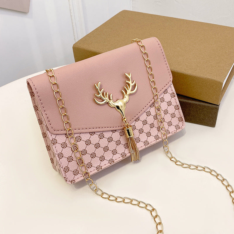 Tassel Deer Head Contrast Color Chain Small Square Leisure Phone Bag